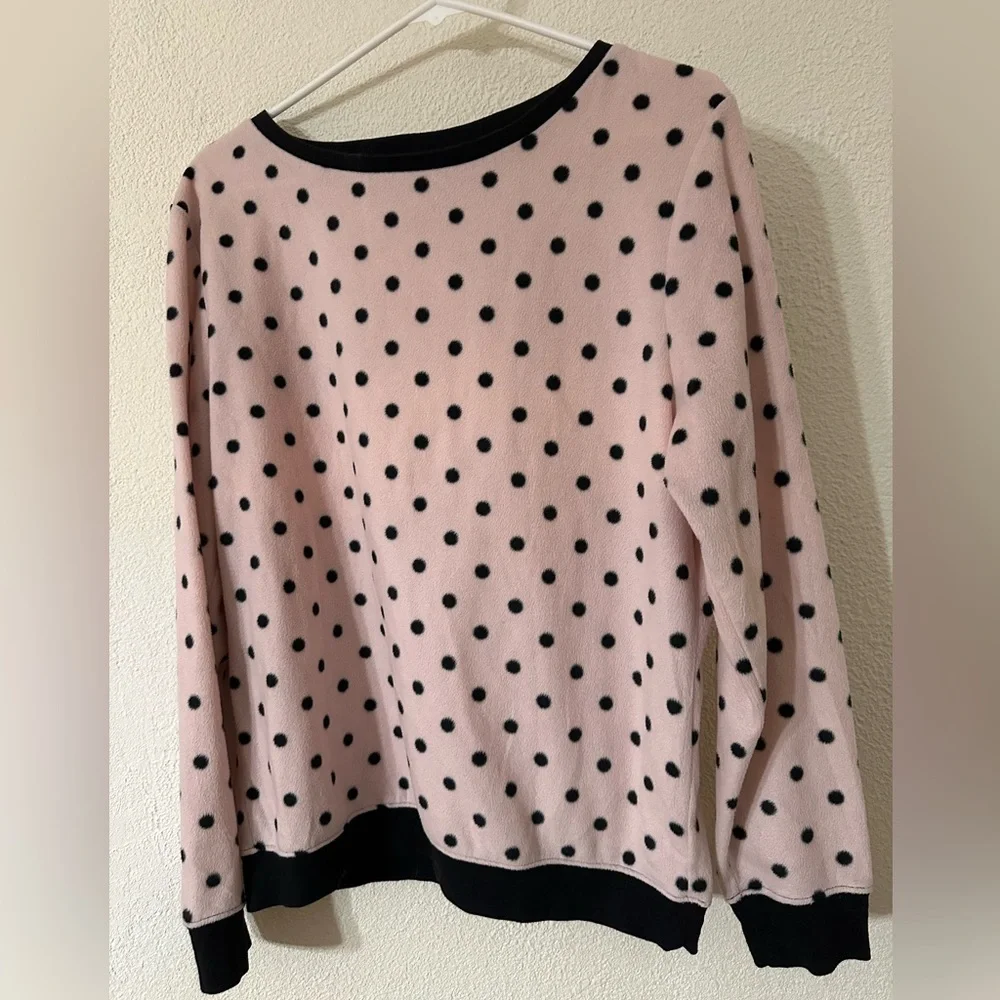 Betsey Johnson Top Woman Pink and Black Polka Dot Light Fleece Long Sleeve Sz.L